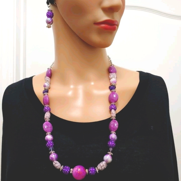 247NEB117 Handmade 3 Pc. Purple Beaded  Necklace Set - Picture 3 of 7